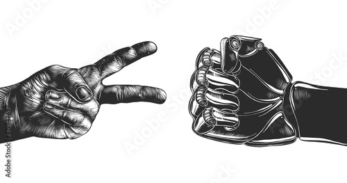 Hand drawn sketch of victory hand and robot fist isolated on white background.