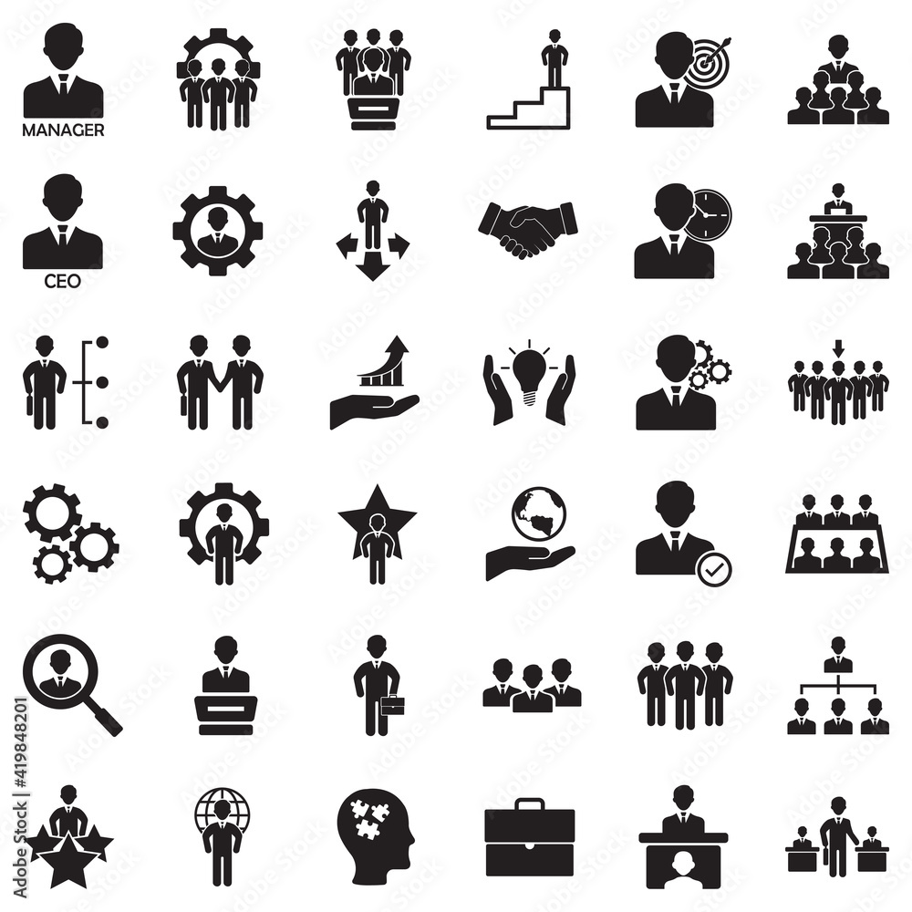 CEO And Manager Icons. Black Flat Design. Vector Illustration.
