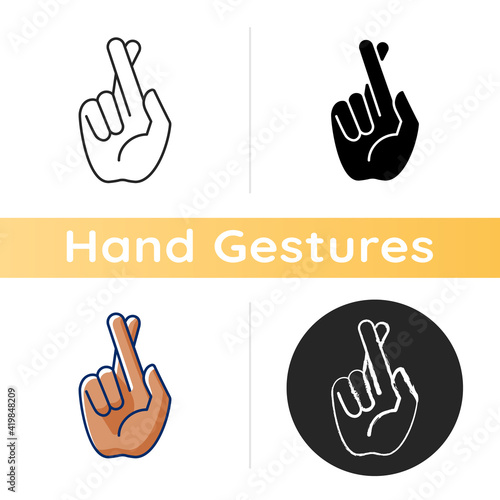 Crossed fingers icon. Hand gesture used to wish for luck. Superstition. Keep your fingers crossed. Implore God for protection. Linear black and RGB color styles. Isolated vector illustrations