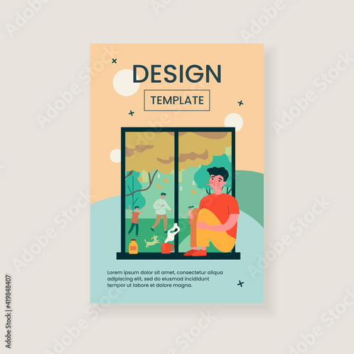 Sick young man with flu looking at window. Disease, loneliness, medication flat vector illustration. Healthcare and isolation concept for banner, website design or landing web page