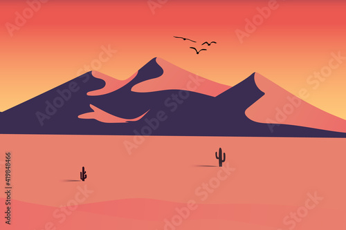 flat landscape Beautiful desert mountain colored in gradient orange