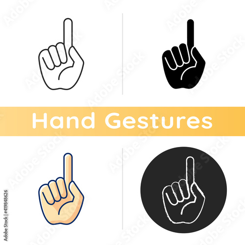 One finger pointing icon. Pointing with index finger of hand at something. Sign requiring attention. Rhetorical reception. Linear black and RGB color styles. Isolated vector illustrations