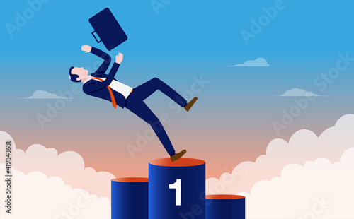 Losing first place - Businessman falling from the top spot on podium. Loser and failing man concept. Vector illustration.