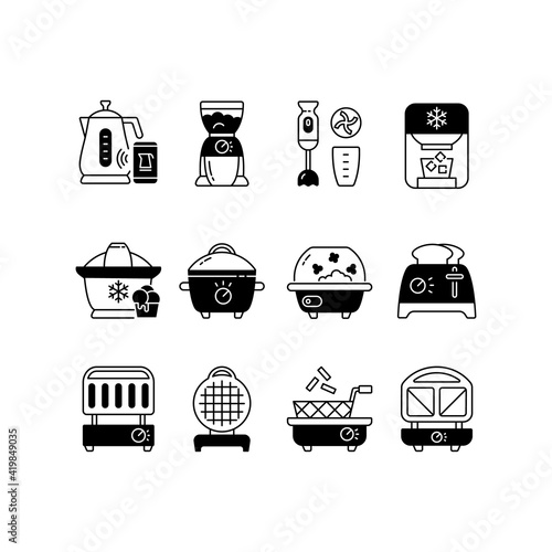 Small kitchen appliance black linear icons set. Smart kettle. Coffee grinder. Immersion blender. Ice cream machine. Slow cooker. Toaster. Glyph contour symbols. Vector isolated outline illustrations