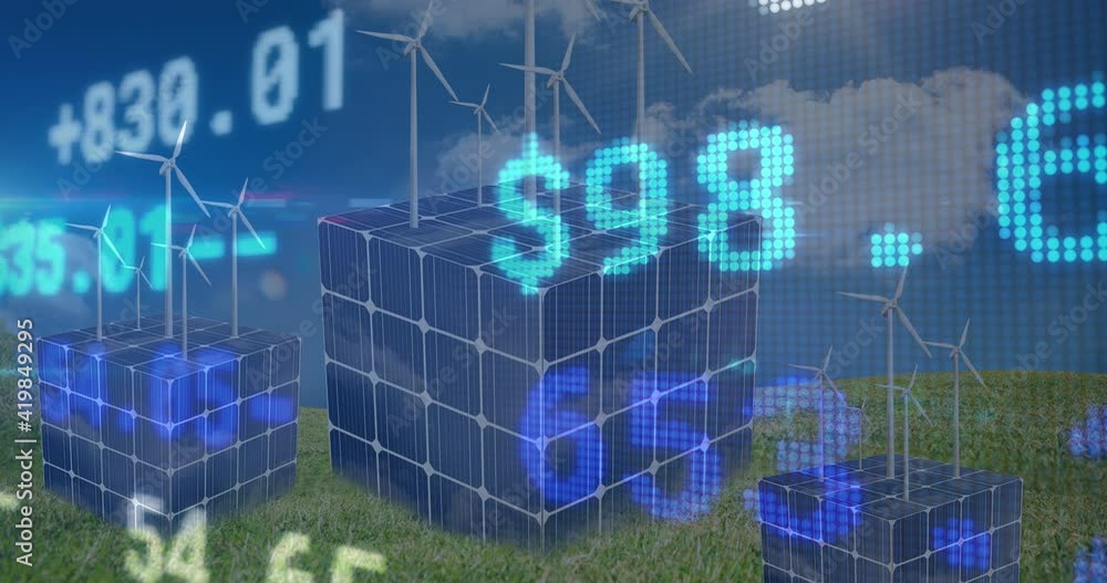 Stock market data processing against cubes of solar panels and windmills on grass against blue sky Stock market data processing against cubes of solar panels and windmills on grass against blue sky