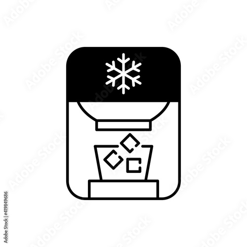 Ice maker black linear icon. Freezer device. Cooler gadget. Electric machine for household. Small kitchen appliance. Ice cubes in bucket. Outline symbol on white space. Vector isolated illustration