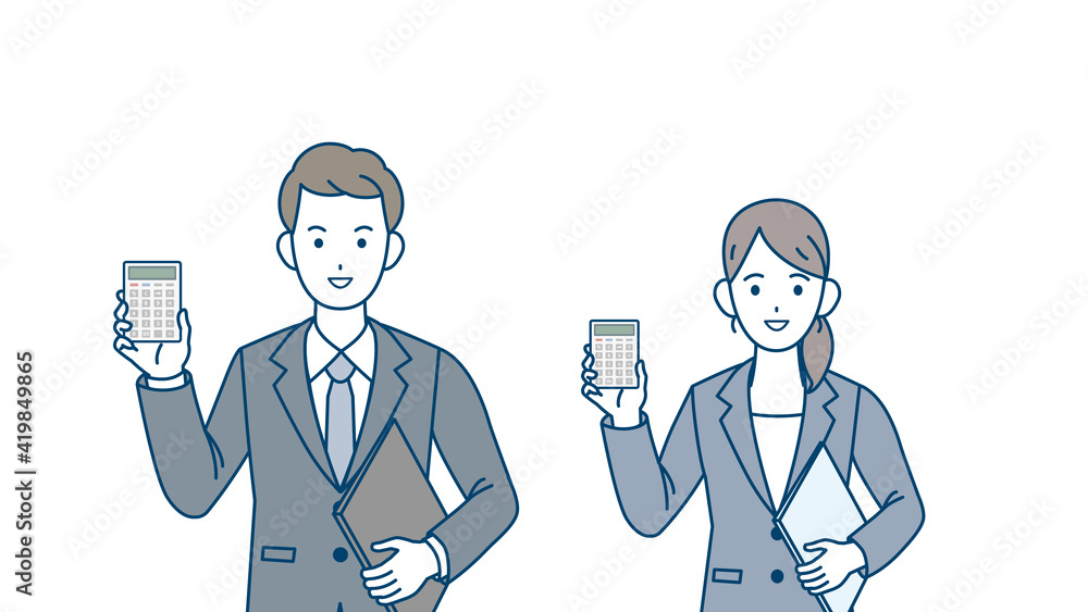 電卓を持つ スーツ姿の男女 審査 鑑定 税理士 イラスト素材 Stock Vector Adobe Stock