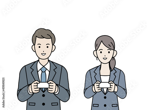 名刺　交換　ビジネス　男女　挨拶　イラスト素材