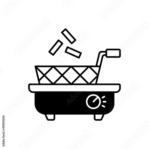 Deep fryer black linear icon. Preparing french fries. Cooking junk food. Household electric utensil. Small kitchen appliance. Outline symbol on white space. Vector isolated illustration