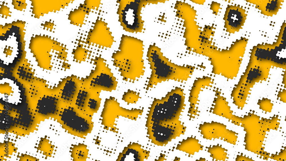 Abstract background with perforated smooth wavy forms with halftone effect. Flowing shapes with shadow in yellow, white and black colors.