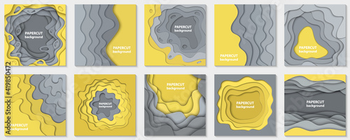 Vector collection of 10 backgrounds with yellow and grey paper cut shapes. 3D abstract paper art style