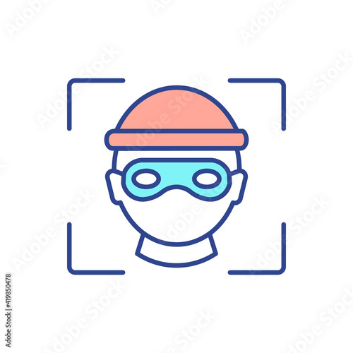 Facial recognition for criminality prosecution RGB color icon. Criminals prediction. Technology for enhancing public safety. Terrorist attacks and assaults detection. Isolated vector illustration