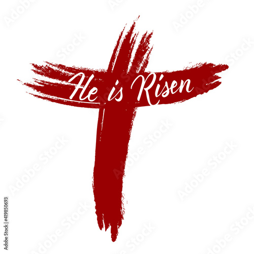 He is risen Easter holiday vector calligraphy lettering. Christian religious card for Easter celebration. Jesus Christ resurrection poster
