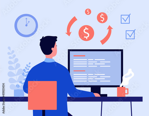 Analyst studying financial report on computer. Currency, finance, business charts. Flat vector illustration. Banking, investments concept for banner, website design or landing web page