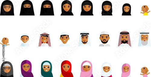 All age group of arab people. Stages of development people - infancy, childhood, youth, maturity, old age. Set of age group arabic avatars in colorful style. Generations arabian man and woman. 
