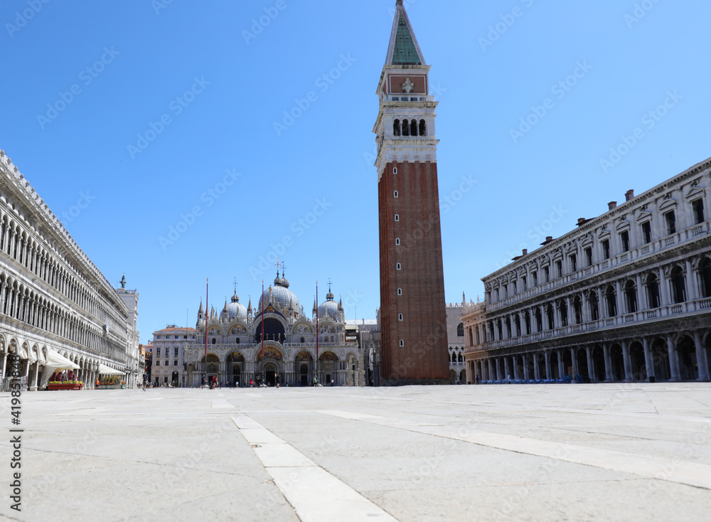 deserted Square of Saint Mark  in Venice during the lockdown cau