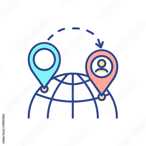 Travel abroad RGB color icon. Moving to foreign country. Educational, business, leisure tour. Practicing new language. Visiting other places. Learning new environment. Isolated vector illustration