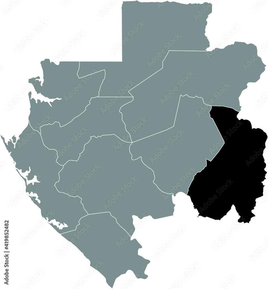Black highlighted location map of the Gabonese Haut-Ogooué province inside gray map of the Gabonese Republic