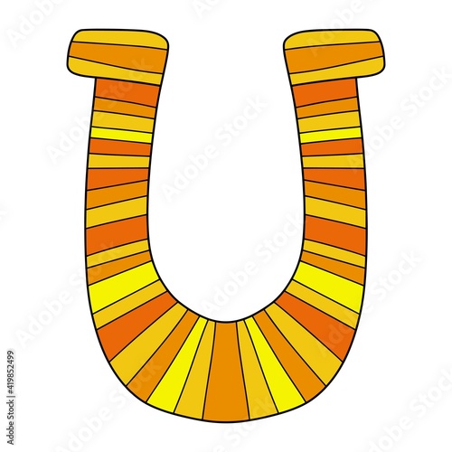 Cartoon gold horseshoe stock vector illustration. Happy St. Patrick's Day good luck symbol clipart. Hand drawn horseshoe white isolated. Colorful irish culture lucky charm - horseshoe. One of a series