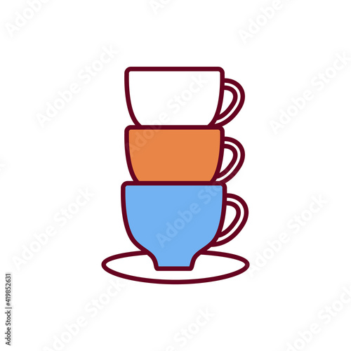 Caffeine overdose RGB color icon. Taking high caffeine dose. Cups with brewed coffee. Moderate intake. Side health effects risk. Adverse effect level. Energy shot drinks. Isolated vector illustration