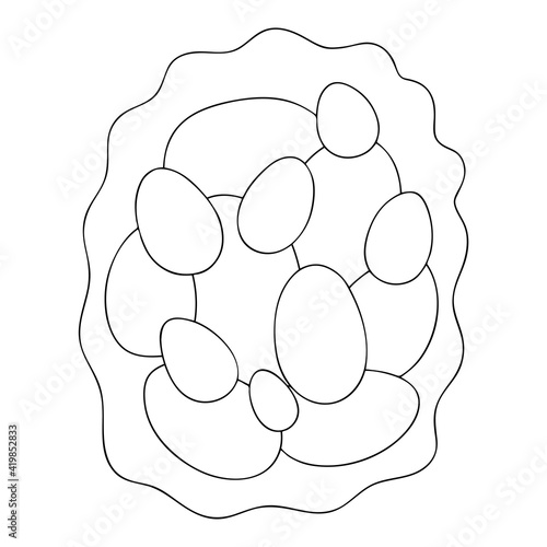 Nest with eggs coloring page for toddlers stock vector illustration. Happy Easter vertical printable activity page. Simple line art eggs hand drawn illustration. Easter template for kids' papercraft