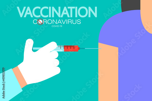 Doctor vaccinates a person. Doctor's hand holds a syringe with a needle containing the 2019-nCoV vaccine. New vaccine concept for coronavirus. Spread of the CoVID-19 outbreak. Flat vector illustration