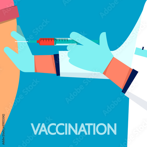 Doctor vaccinates a person. Doctor's hand holds a syringe with a needle containing the 2019-nCoV vaccine. New vaccine concept for coronavirus. Spread of the CoVID-19 outbreak. Flat vector illustration