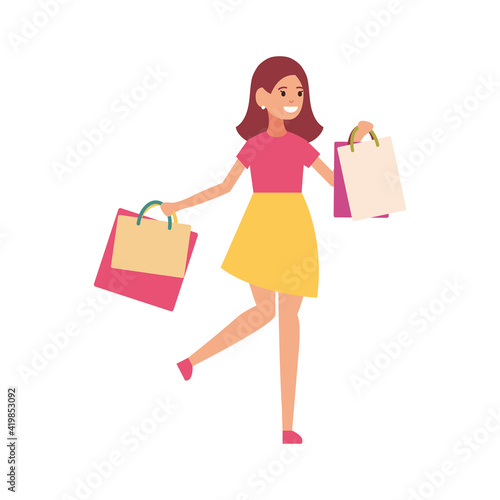 Shopping, people with bags from the store. Sale theme for your design. Vector illustration isolated on white background