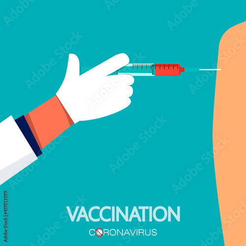 Doctor vaccinates a person. Doctor's hand holds a syringe with a needle containing the 2019-nCoV vaccine. New vaccine concept for coronavirus. Spread of the CoVID-19 outbreak. Flat vector illustration