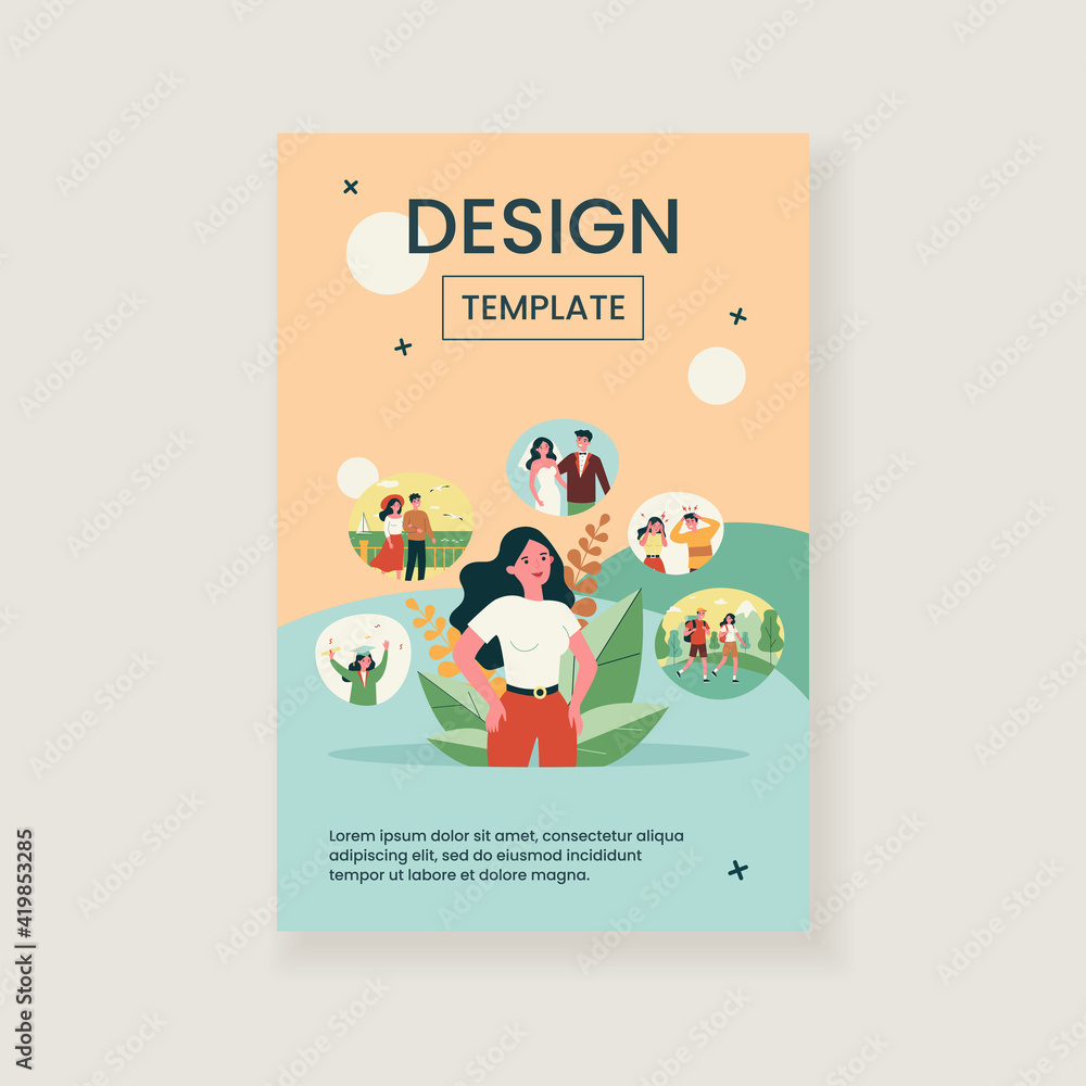 Fototapeta premium Positive life memories. Woman recalling happy scenes of her life, graduation, wedding day, vacation with beloved man. Vector illustration for past, personality, psychology concept