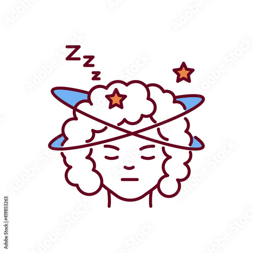 Insomnia RGB color icon. Sleep disorder. Problem with falling and staying asleep. Medical condition. Feeling exhaustion and fatigue. Mental illness. Serious sleep issues. Isolated vector illustration