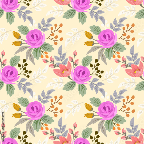 Abstract floral seamless pattern design for fabric textile wallpaper. Pink flowers  and leaves on a yellow background.