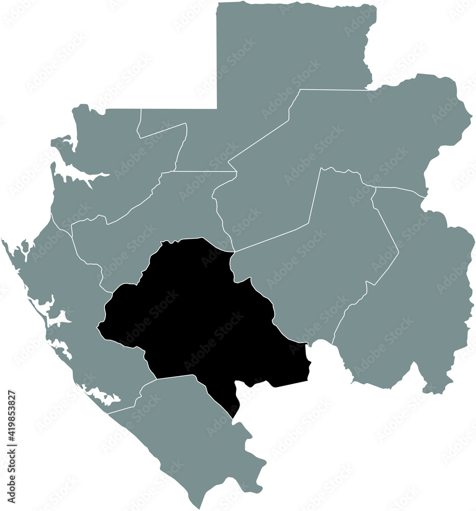 Black highlighted location map of the Gabonese Ngounié province inside gray map of the Gabonese Republic