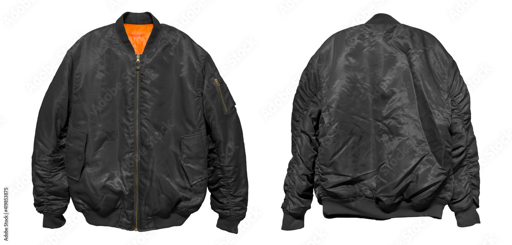 Bomber jacket color black front and back view on white background Stock  Photo | Adobe Stock