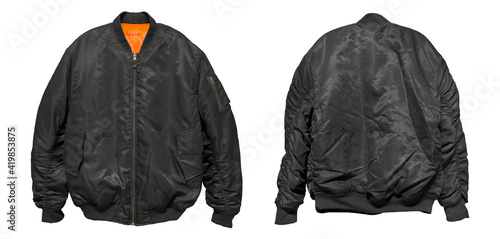 Leinwand Poster Bomber jacket color black front and back view on white background