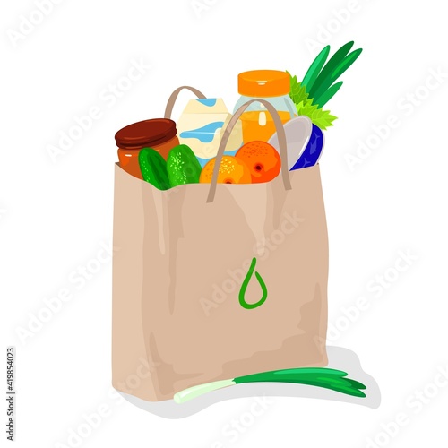 Weekly food shopping, vitaminized veggies, healthy eating and vegetarian package. Vector grocery purchases, natural and organic food idea. Isolated on white background