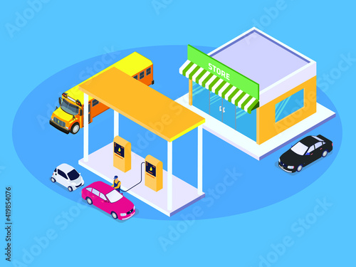 Petrol station 3D isometric vector concept for banner, website, illustration, landing page, flyer, etc