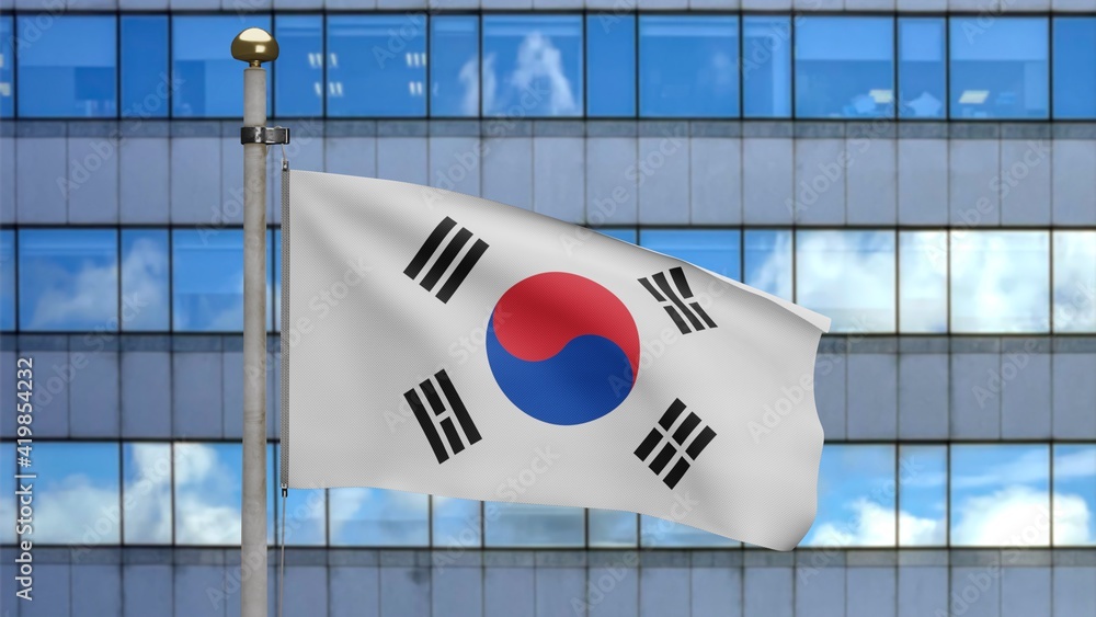3D illustration Korean flag in skyscraper city. Tower with South Korea banner 3D illustration Korean flag in skyscraper city. Tower with South Korea banner