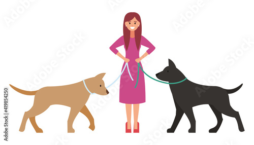 Professional dog walking. A man walks with a pet. Vector illustration isolated on white background