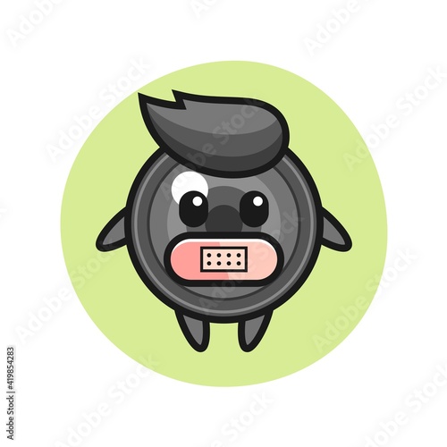 Cartoon illustration of camera lens with tape on mouth