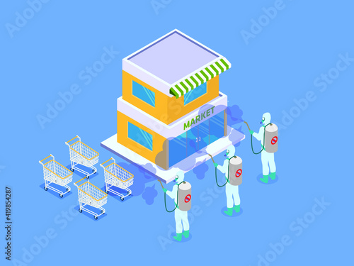 Cleaning and Disinfection supermarket 3D isometric vector concept for banner, website, illustration, landing page, flyer, etc