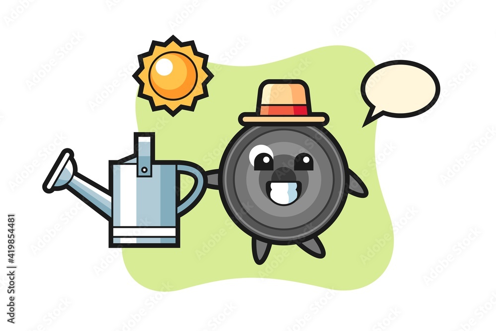 Cartoon character of camera lens holding watering can