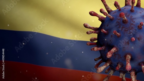3D illustration Flu coronavirus floating over Colombian flag. Colombia Covid 19