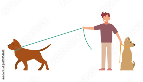 Professional dog walking. A man walks with a pet. Vector illustration isolated on white background