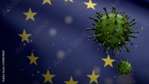 Fototapeta Naklejka Na Ścianę i Meble -  3D illustration Flu coronavirus over European Union flag. Covid 19 at Europe