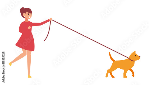 Professional dog walking. A man walks with a pet. Vector illustration isolated on white background.