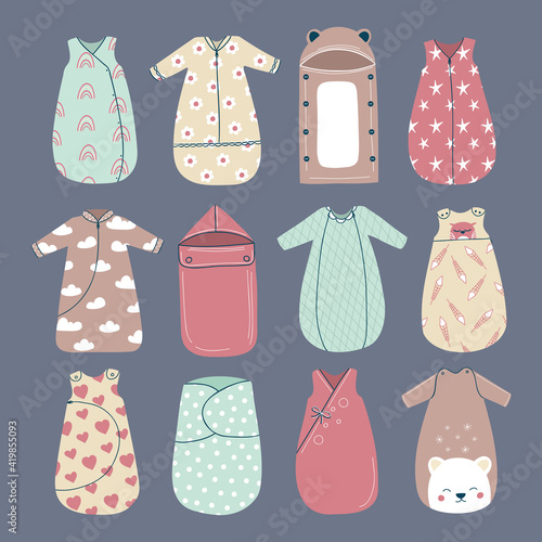 Set of twelve cute and cosy baby sleeping bags with different style and design. Safe and comfortable sleep. Vector hand drawn illustration