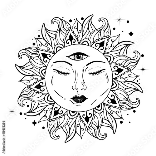 Vector illlustration of sun - astronomy and astrology symbol. Vintage, boho or gypsy style. Astrology and alchemy vibes.