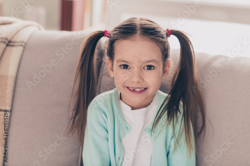 Photo portrait of smiling girl with ponytails smiling wearing casual clothes sitting on sofa