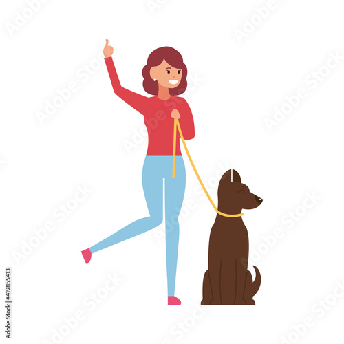 Professional dog walking. A man walks with a pet. Vector illustration isolated on white background